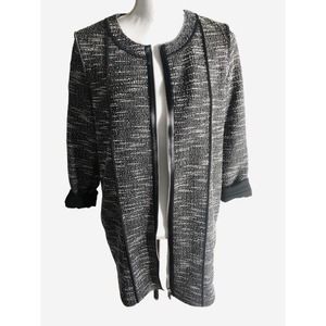 Club Monaco Long Boucle‎ Knit Black White Zip Blazer Leather Look Satin Trim M